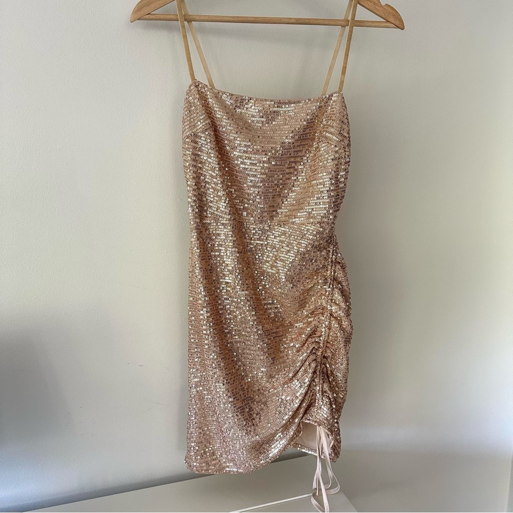 Showpo Gold Sequin Mini Drawstring Spaghetti Strap Dress